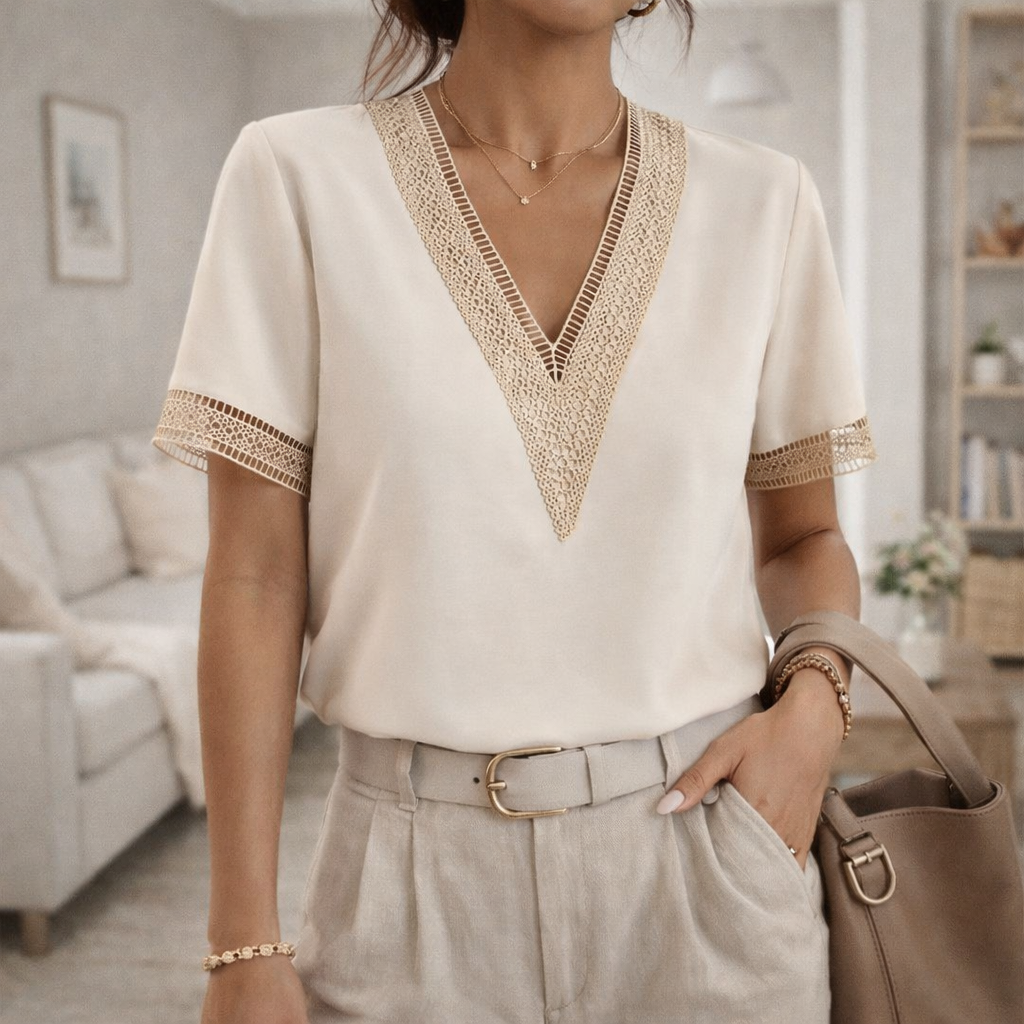 Women's elegant V-neck blouse with delicate lace trim, perfect for chic spring and summer fashion.