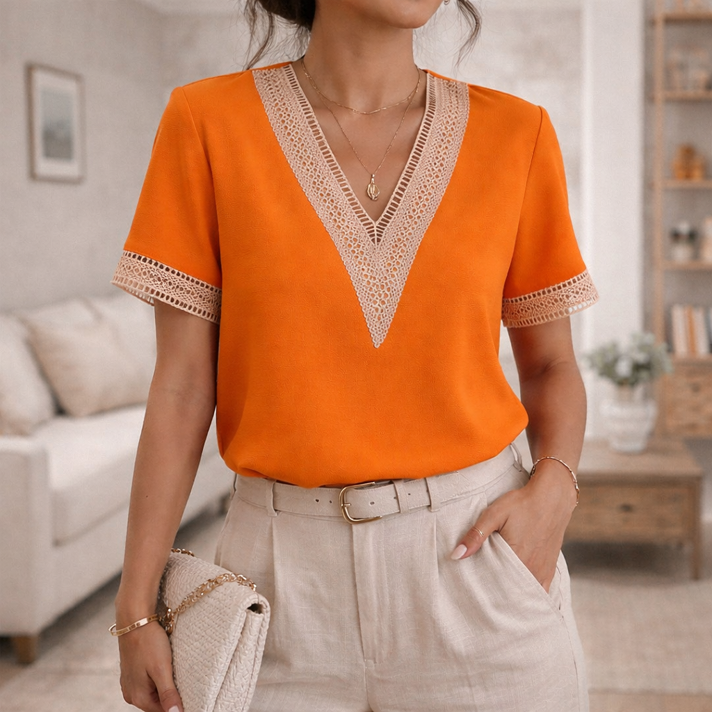 Classic women's V-neck blouse with exquisite lace trim, short sleeves, a versatile top for any season.