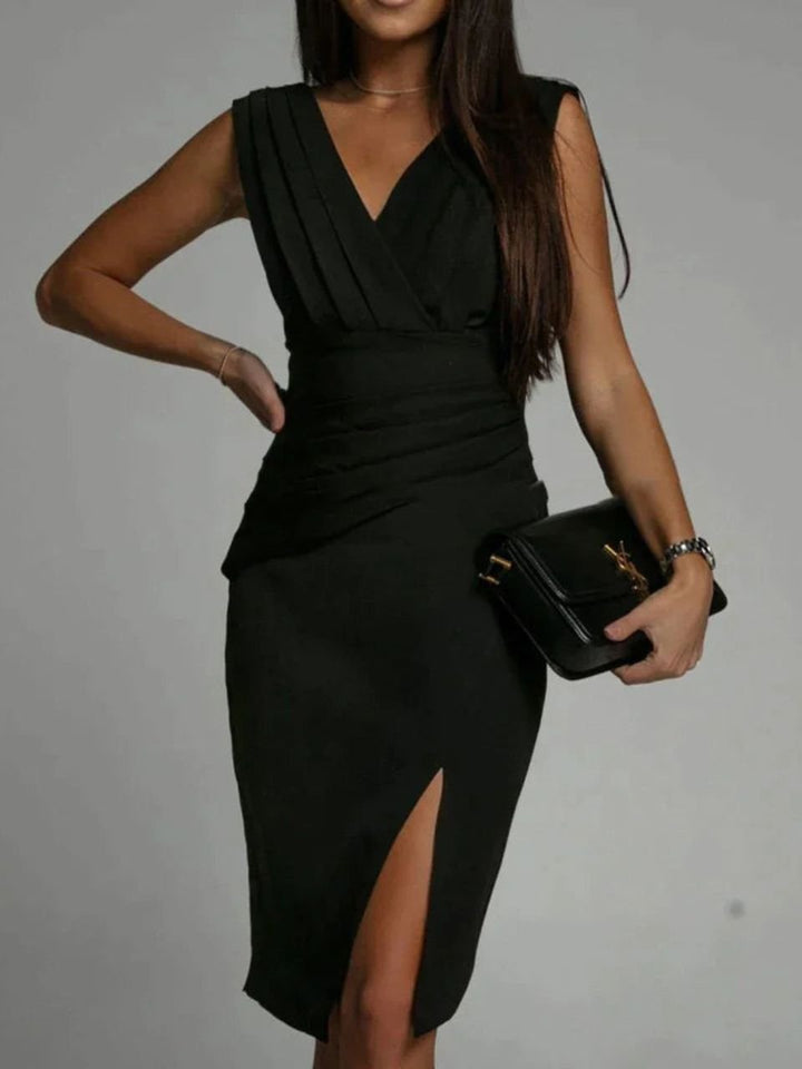 Elegant women's sleeveless V-neck bodycon midi dress with side slit, perfect for formal evening wear.