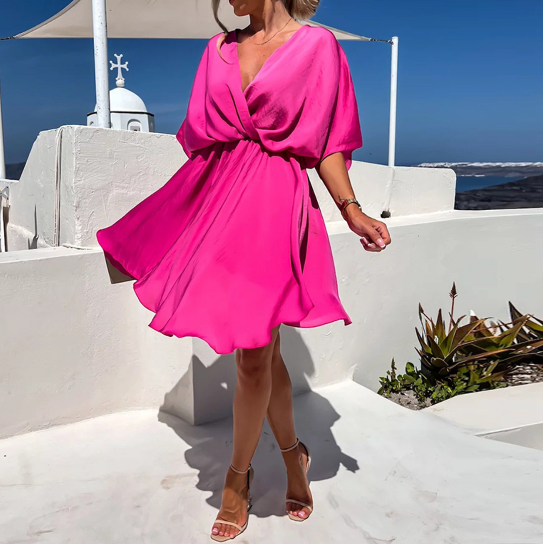Women's elegant V-neck wrap mini dress, ideal for events, vacation, or chic summer casual wear.