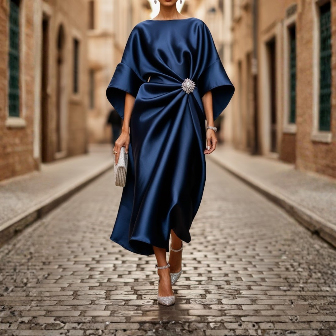 Women's elegant V-neck midi dress with a flared skirt and practical pockets.