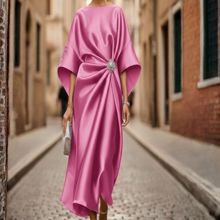 Flattering women's V-neck midi dress, featuring a flared skirt, elbow sleeves, and convenient side pockets.