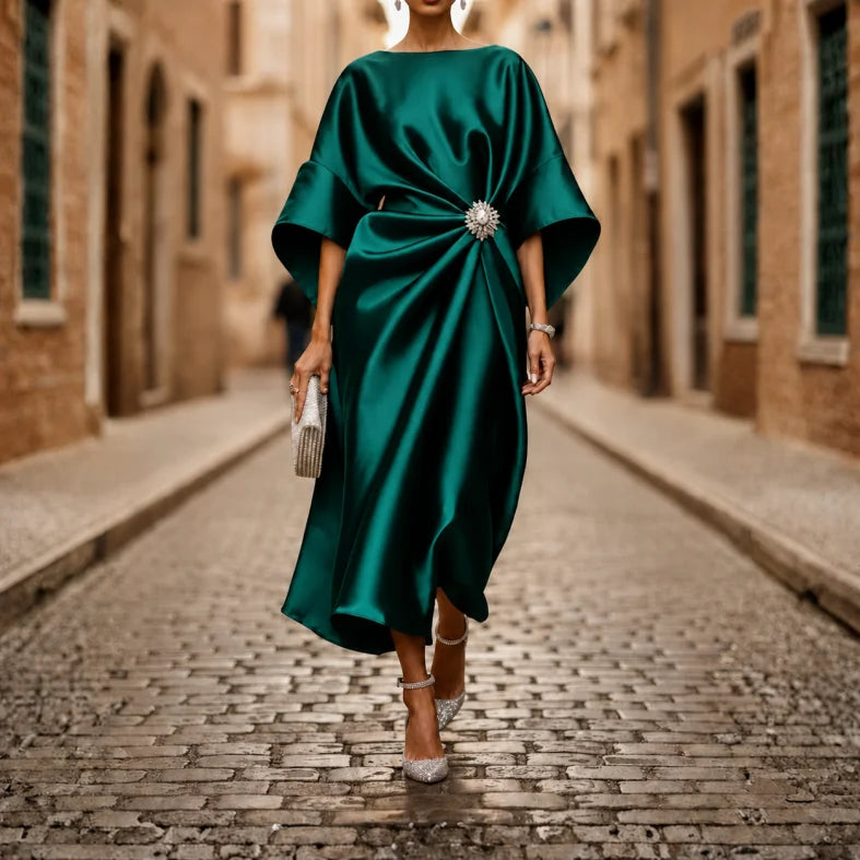 Stylish women's V-neck midi dress, perfect for casual or elegant wear, with a flared skirt & essential pockets.