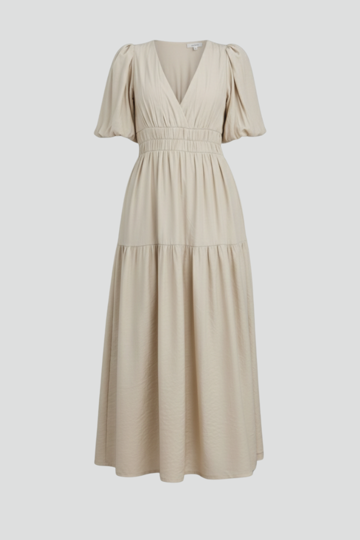 Women's elegant V-neck midi dress with layered hem, perfect for casual or occasion wear.