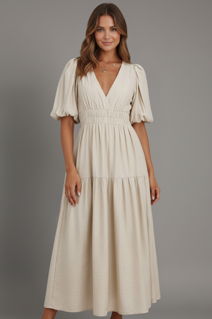 Versatile women's V-neck midi dress with layered hem, ideal for summer casual or elegant occasions.