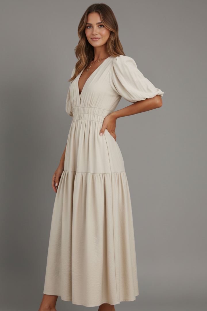 Stylish women's midi dress featuring a flattering V-neckline and chic layered hem. Elegant & comfortable.