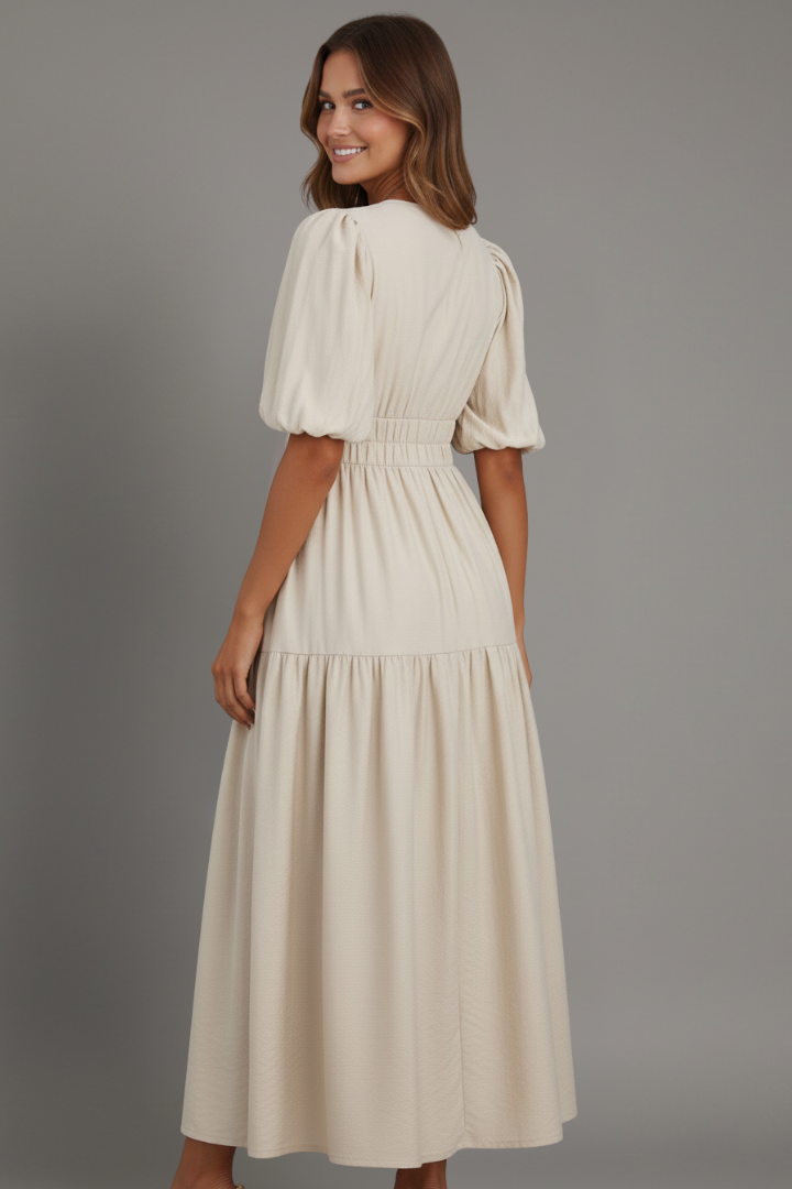 Elegant V-neck midi dress for women, with a chic layered hem, suitable for parties or special occasions.