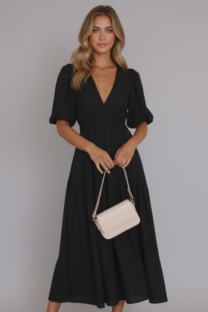 Comfortable women's casual V-neck midi dress with a fashionable layered hem, great for everyday style.