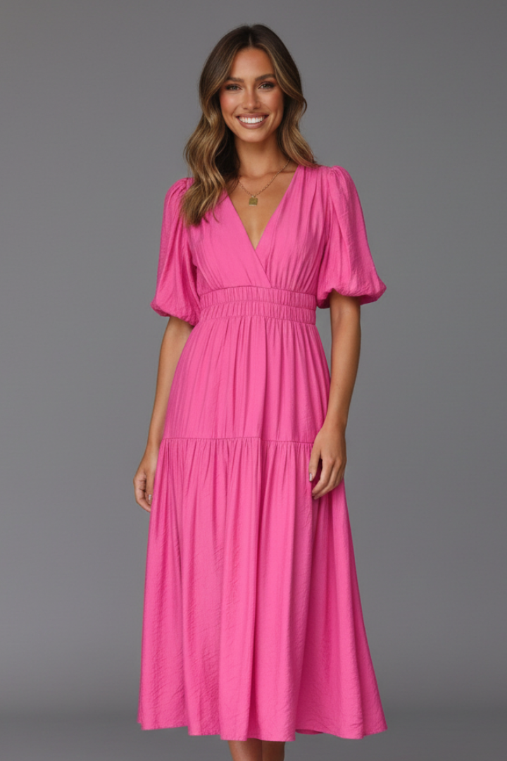 Trendy women's V-neck midi dress featuring a stylish layered hem design, perfect for modern fashion.