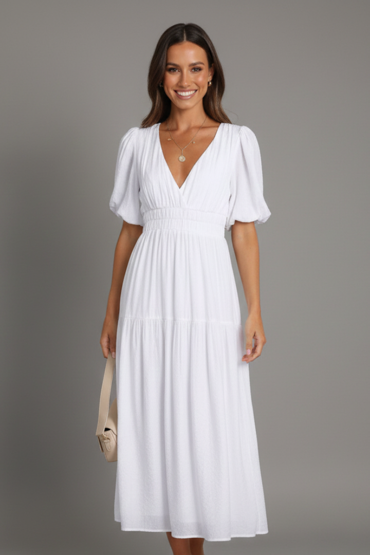 Sophisticated women's clothing: V-neck midi dress with a flowing layered hem. Elegant summer fashion.