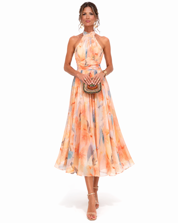 Women's elegant watercolor print halter neck maxi dress, perfect for summer parties & elegant occasions.
