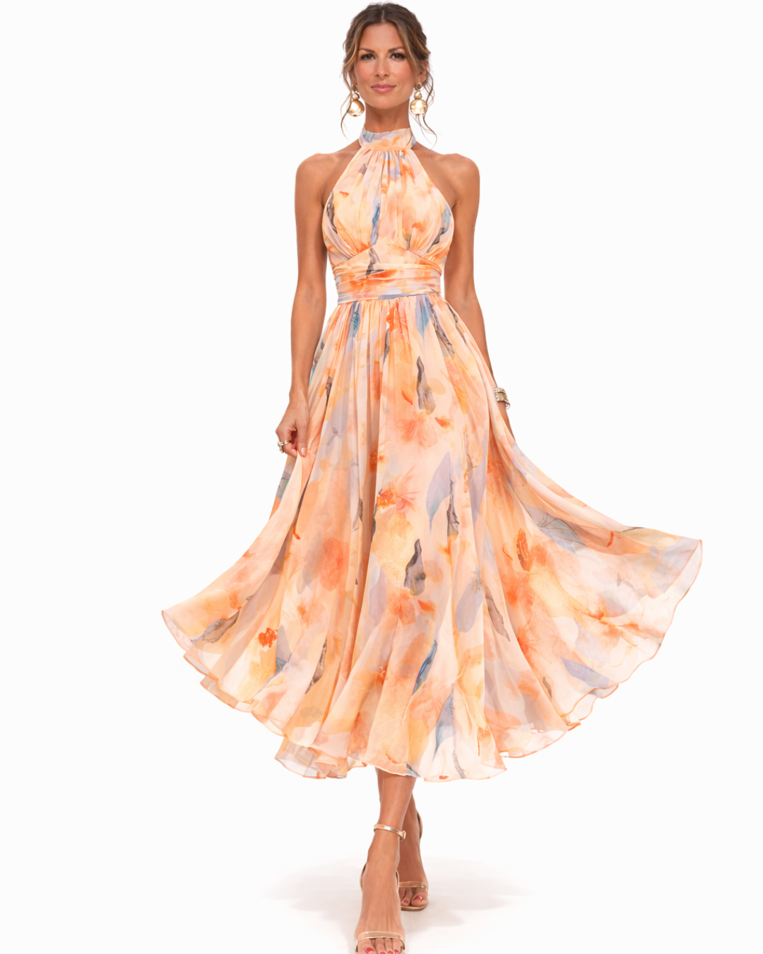 Flowy bohemian style women's maxi dress with a vibrant watercolor print and chic halter neckline.