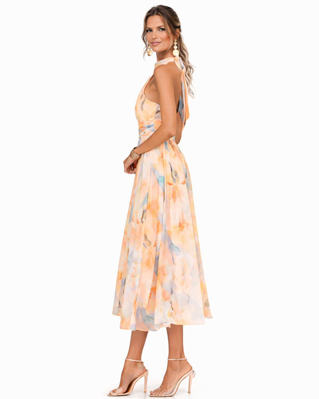 Elegant women's halter neck maxi dress featuring a beautiful watercolor print, ideal for summer occasion wear.