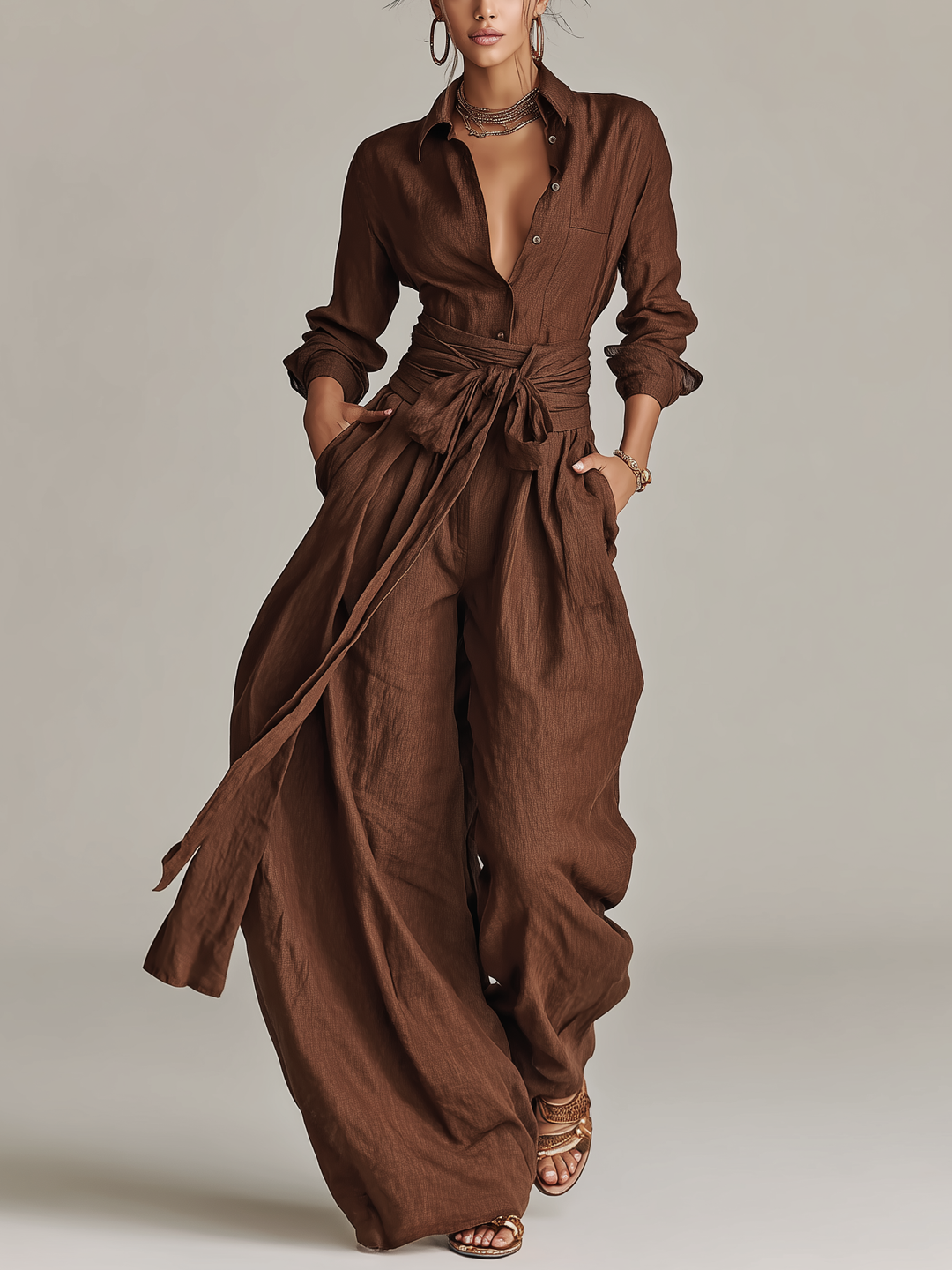 Women's elegant wide leg jumpsuit with tie waist. Perfect for summer resort wear.