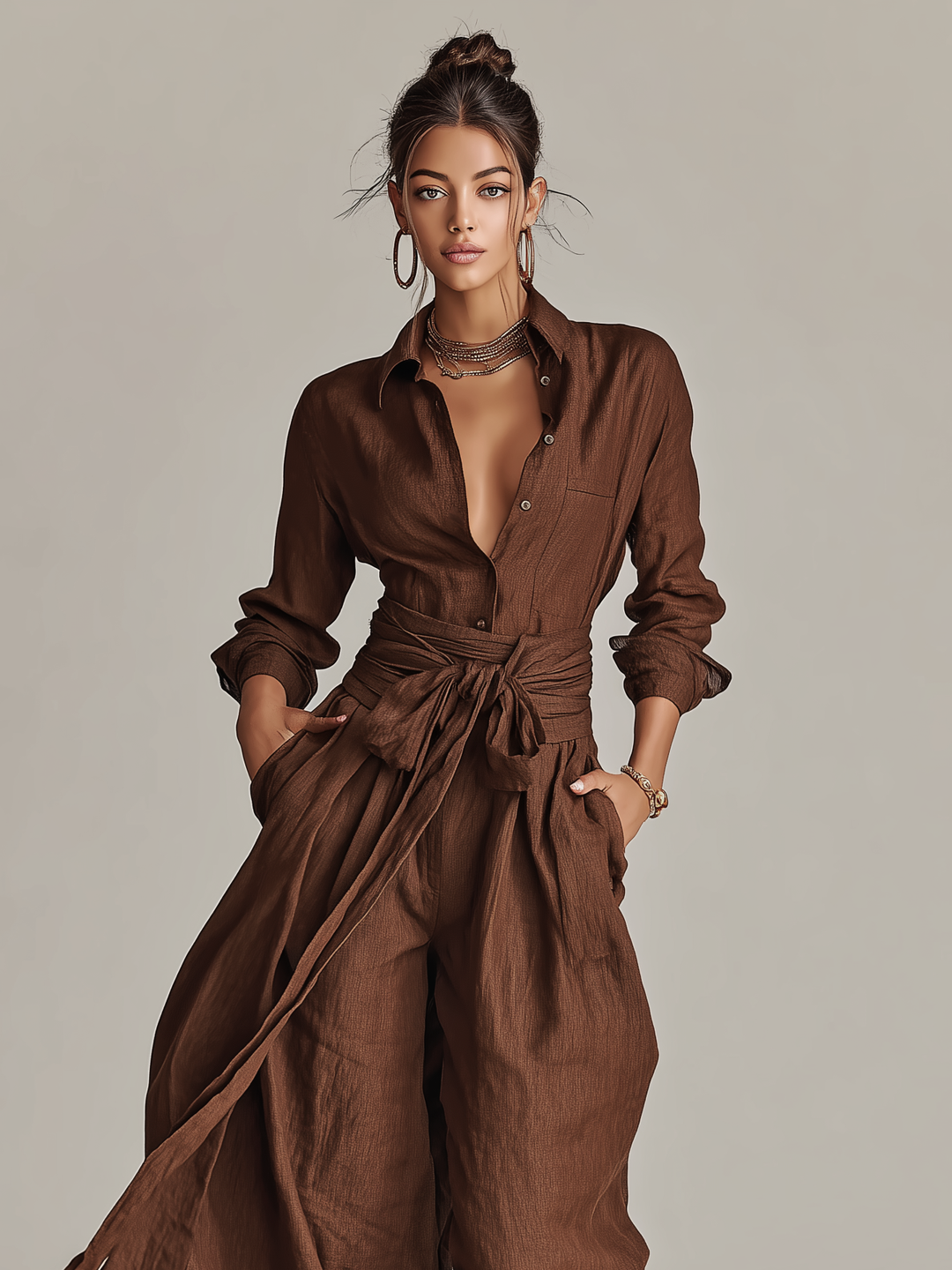 Chic women's wide leg jumpsuit, relaxed fit, tie waist. Ideal for casual summer fashion.