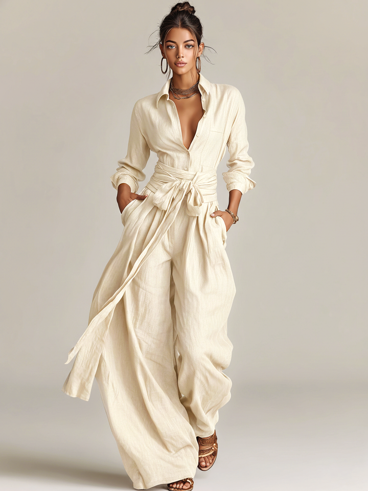 Long sleeve wide leg jumpsuit for women, with a stylish tie waist. Oversized for relaxed summer chic.