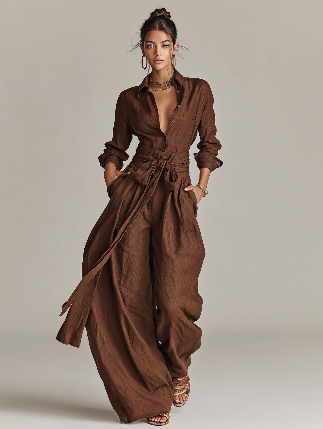 Relaxed fit wide leg jumpsuit for women with an elegant tie waist. Great for summer fashion & comfort.
