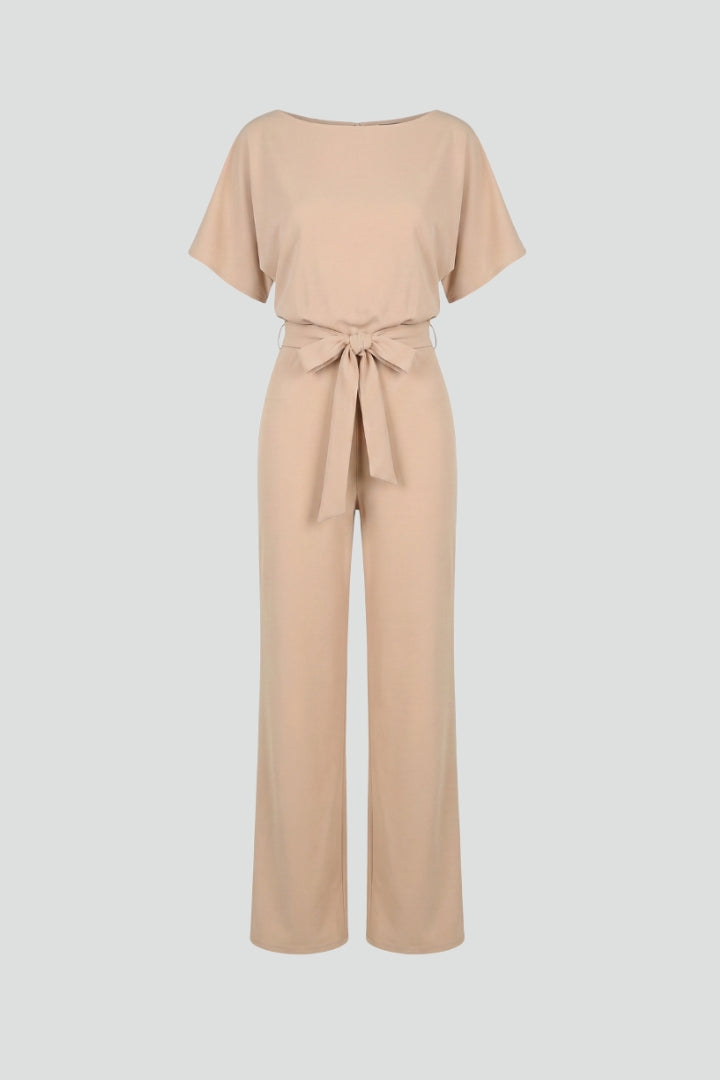 Women's elegant wide leg short sleeve jumpsuit with tie waist belt. Perfect for summer fashion & comfort.