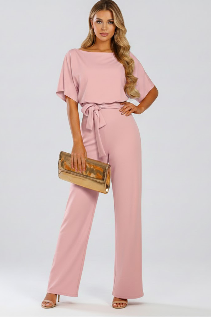 Womens wide leg short sleeve jumpsuit with belt. Elegant, comfortable, and versatile for summer casual chic.