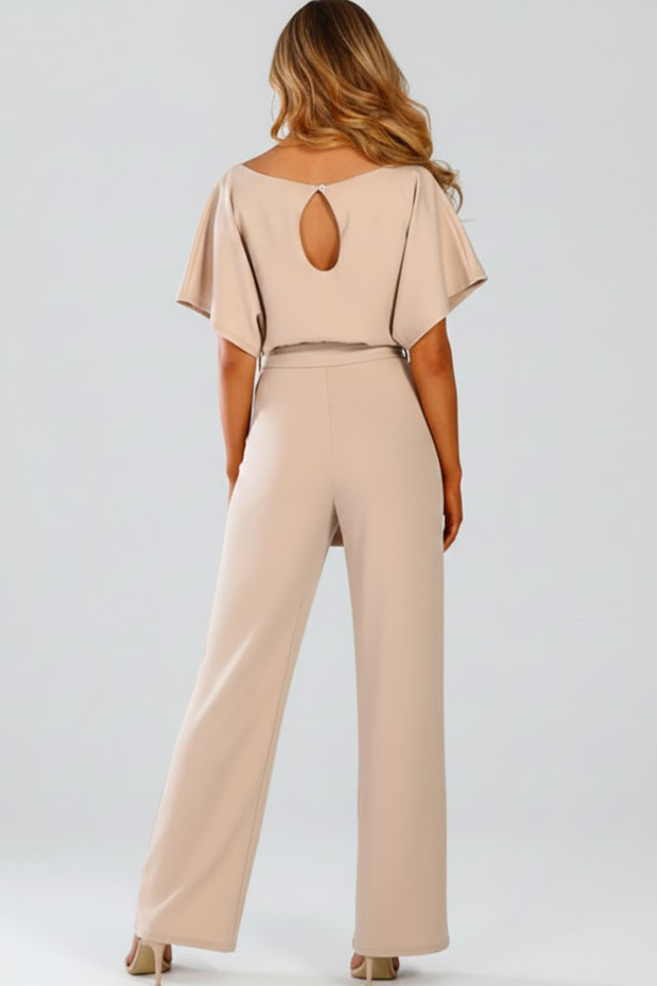 Elegant women's comfortable wide leg jumpsuit with short sleeves, round neck, and a flattering belt detail.