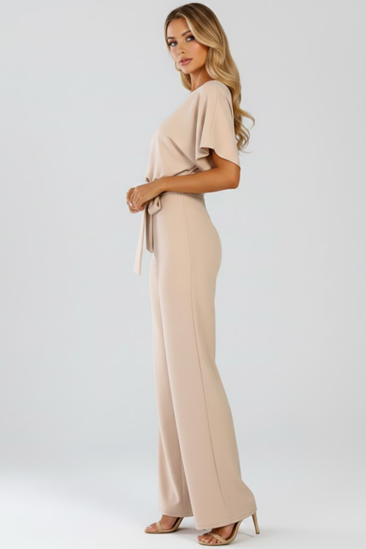Casual chic women's wide leg short sleeve jumpsuit. Relaxed fit, includes a stylish belt. Great for summer.