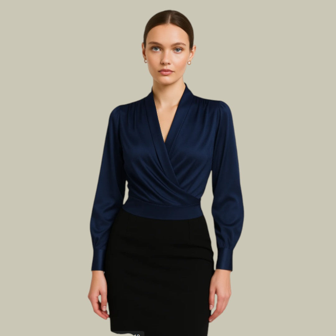Women's elegant wrap blouse with a flowing neckline, long sleeves. Perfect for office wear or chic casual outfits.