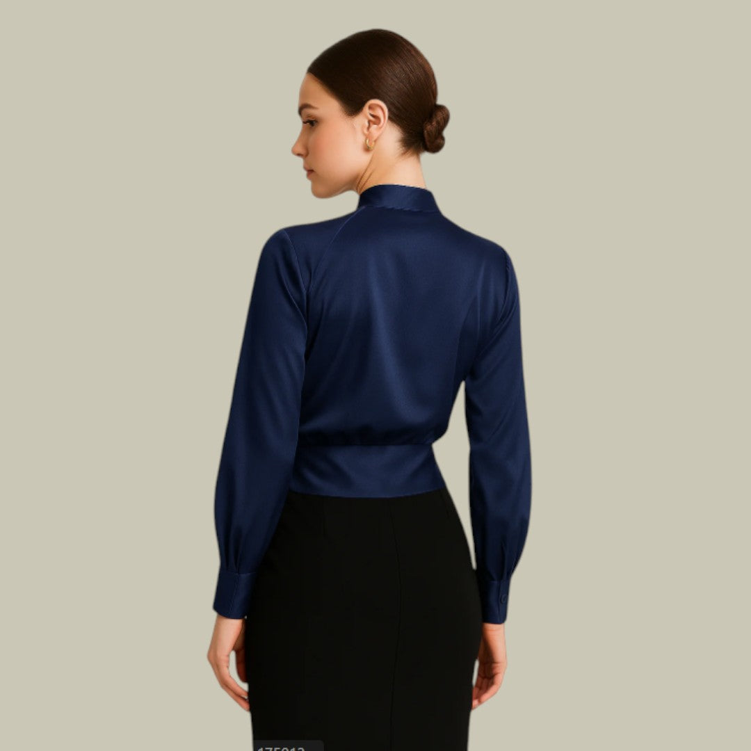 Versatile women's elegant wrap blouse. Chic long sleeve top with a flowing neckline for formal or casual-elegant looks.
