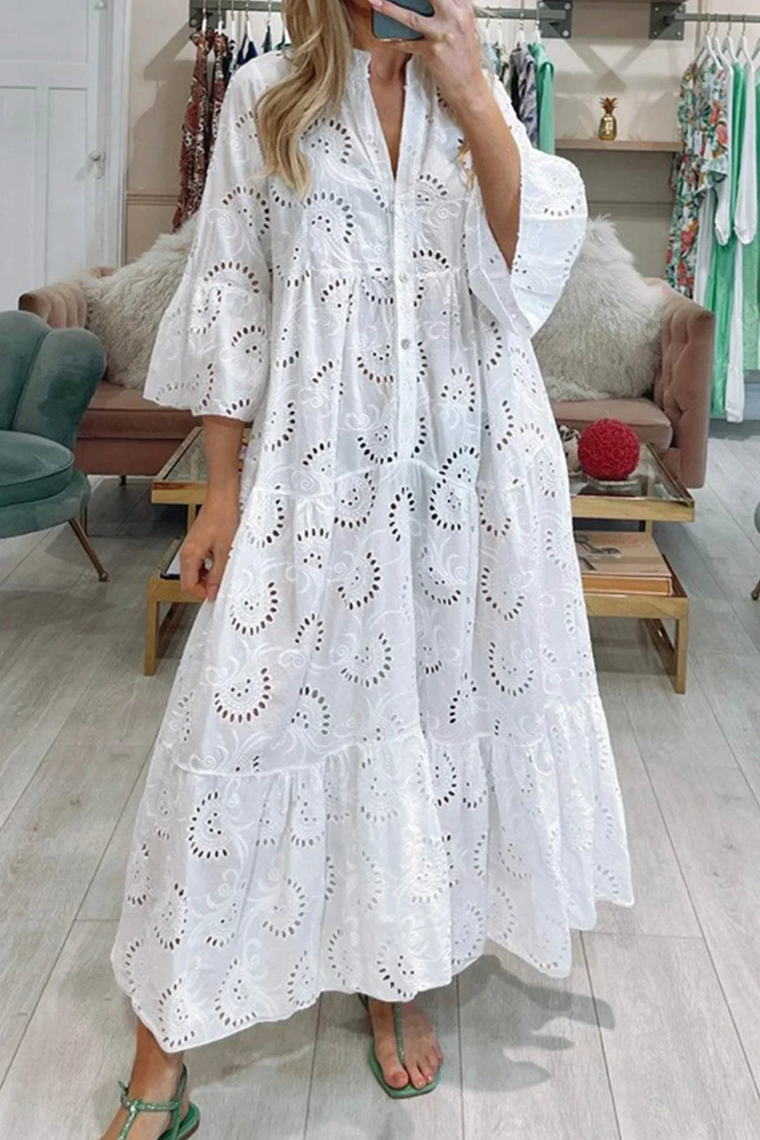 Women's embroidered boho flowy maxi dress, perfect for summer elegance & vacation wear.