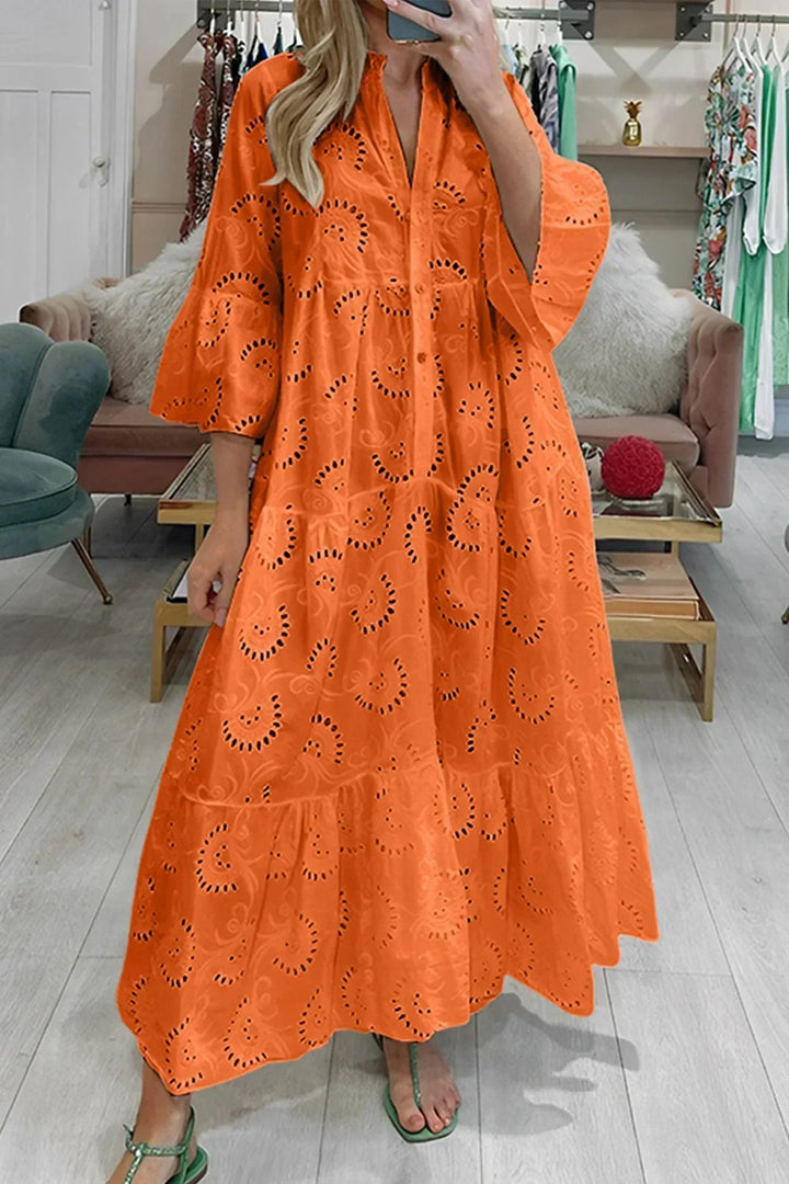 Flowy boho embroidered long dress for women, offering a loose fit & stylish summer fashion.