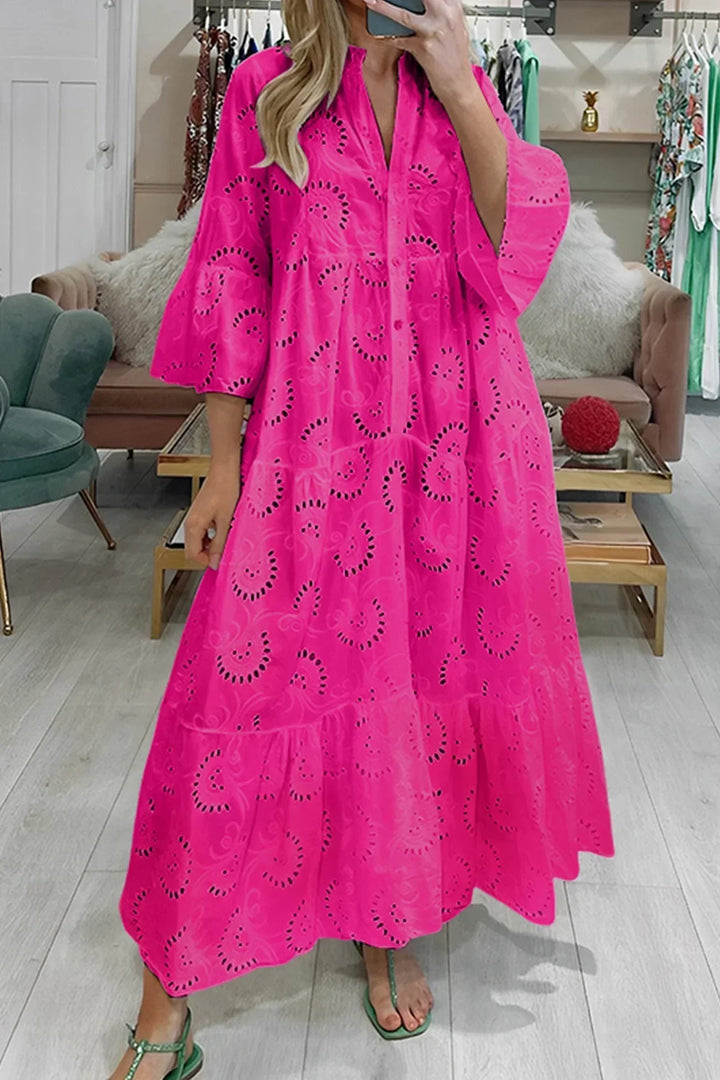 Casual yet elegant women's maxi dress with delicate embroidery, great for summer vacations.