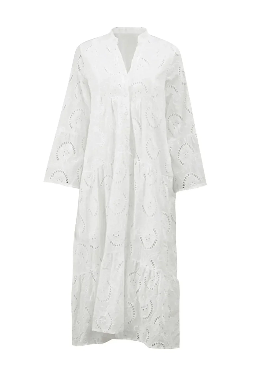 V-neck flowy embroidered women's dress, a comfortable boho maxi for summer elegance.