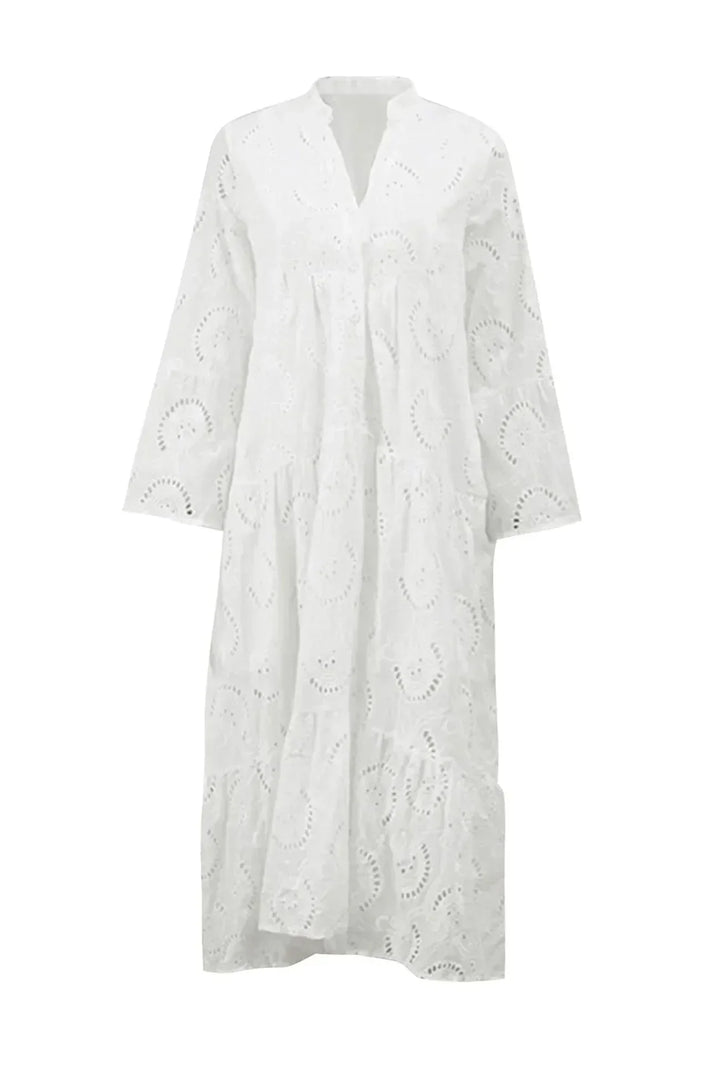V-neck flowy embroidered women's dress, a comfortable boho maxi for summer elegance.