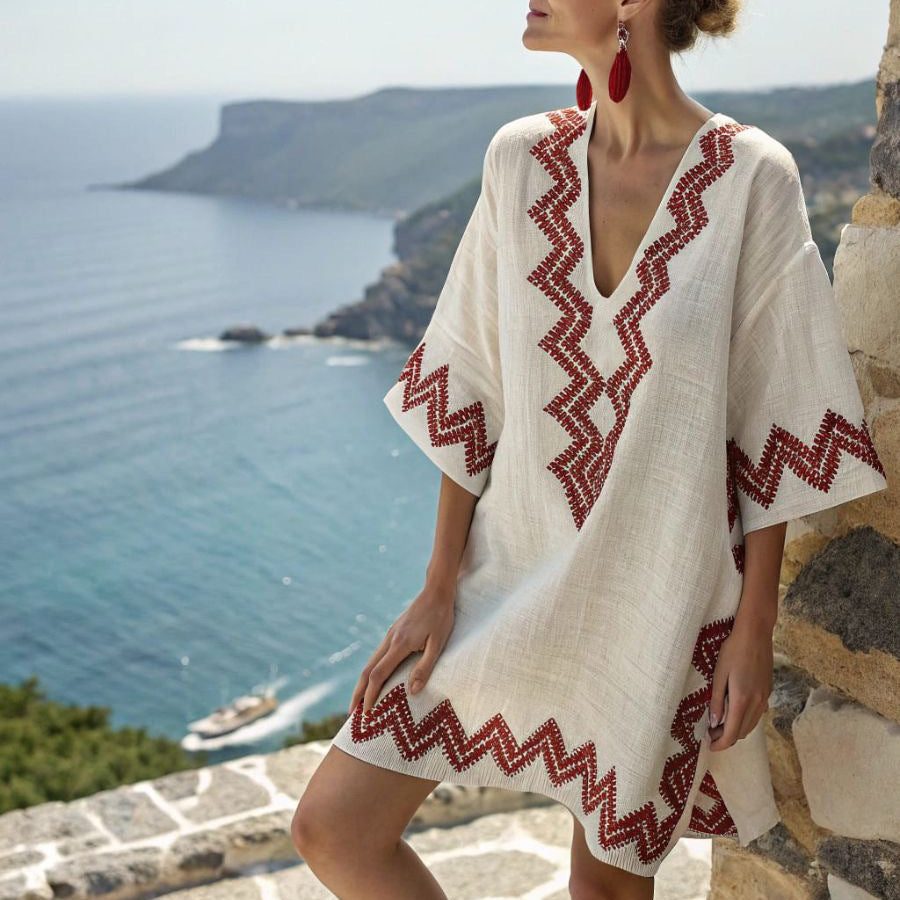 Women's embroidered kimono tunic dress with a V-neck, perfect for beach holidays, summer vacations, or resort wear.