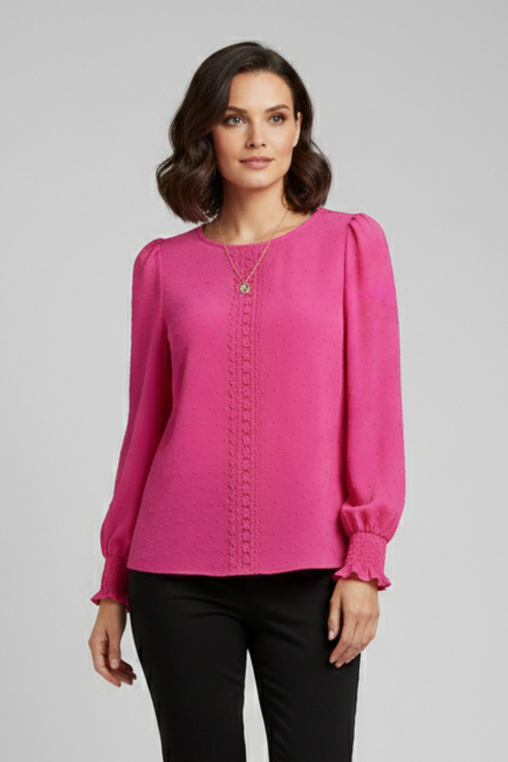 Stylish women's embroidered top with long sleeves & round neck, ideal for casual chic fashion.
