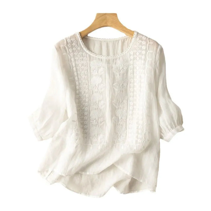 Women's embroidered puff sleeve blouse, a stylish & flowy top with floral details. Perfect for spring/summer.