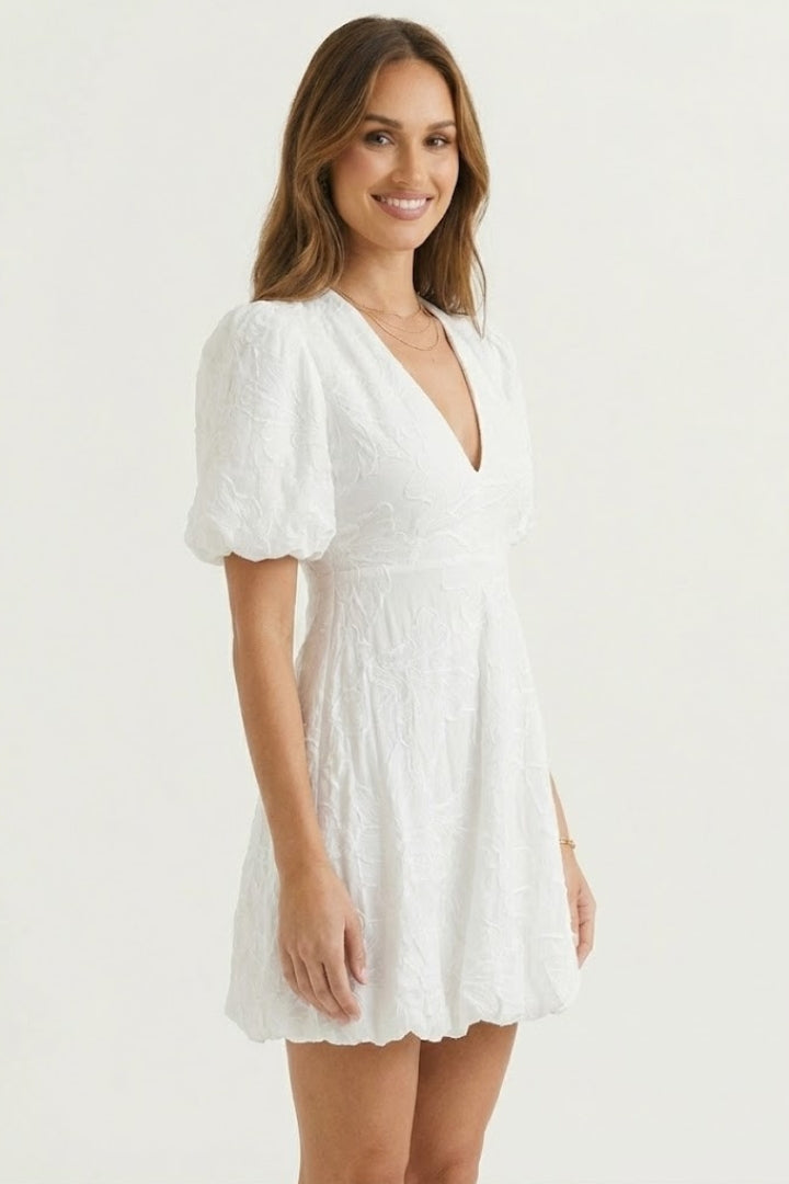 Casual yet elegant women's embroidered mini dress with puff sleeves, ideal for spring and summer fashion.
