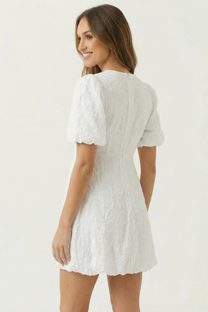 Stylish women's V-neck mini dress showcasing embroidered details, cute puff sleeves, and a bubble hem.