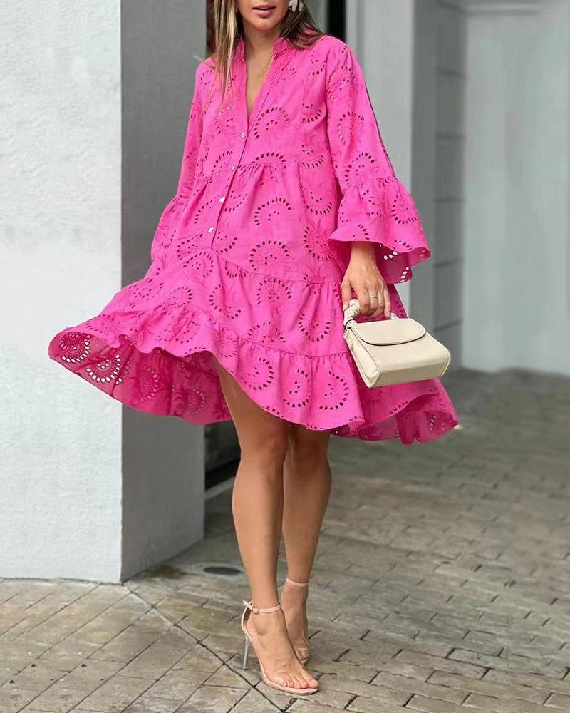 Women's embroidered tiered mini dress, V-neck, bell sleeves. Perfect for summer casual.