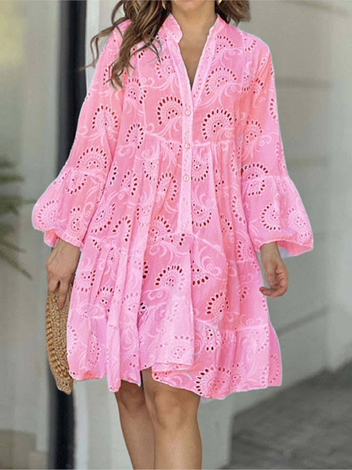 Casual summer mini dress, women's embroidered, tiered skirt, button front & bell sleeves.