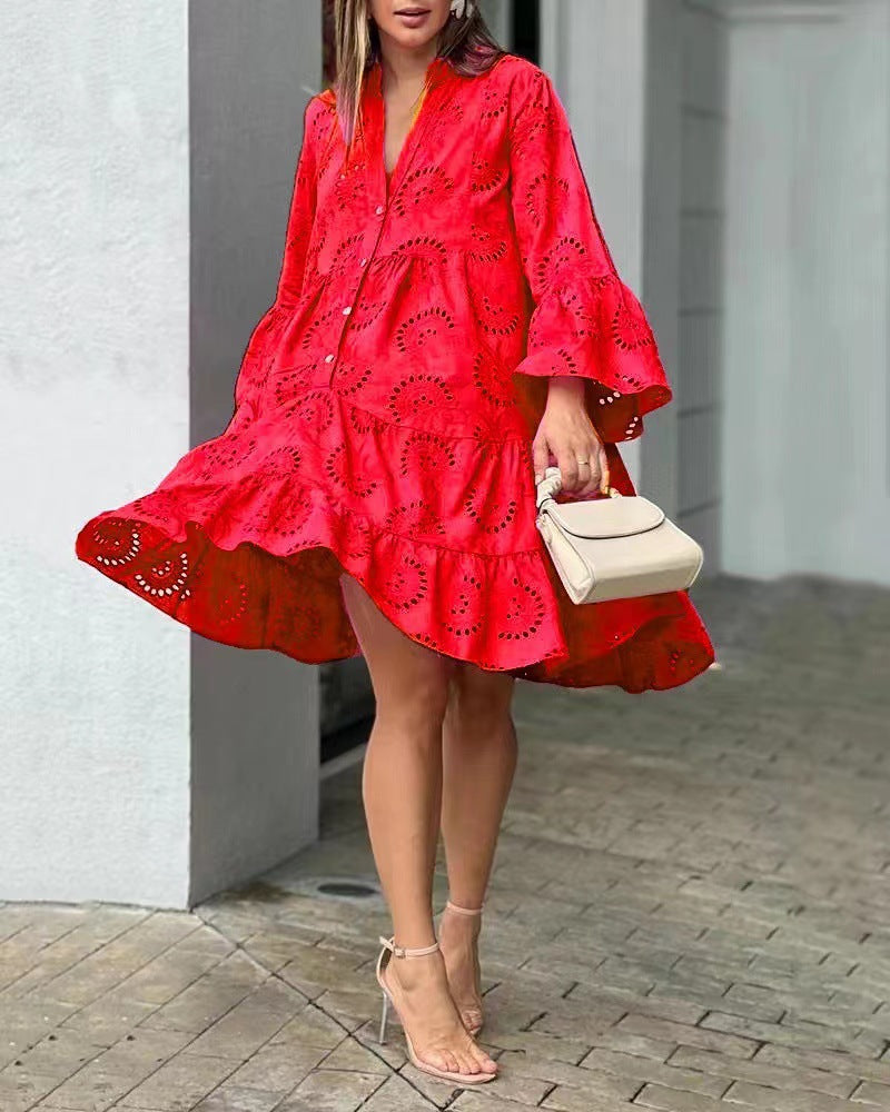 Embroidered tiered mini dress in white, women's casual style with bell sleeves & V-neck.