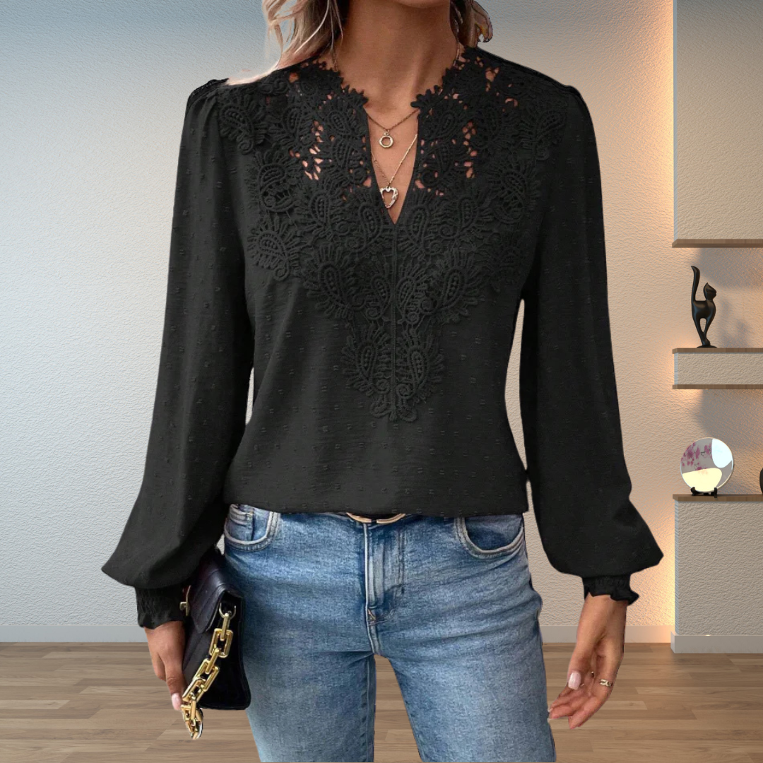Elegant women's embroidered V-neck long sleeve blouse, a comfortable and versatile wardrobe staple.