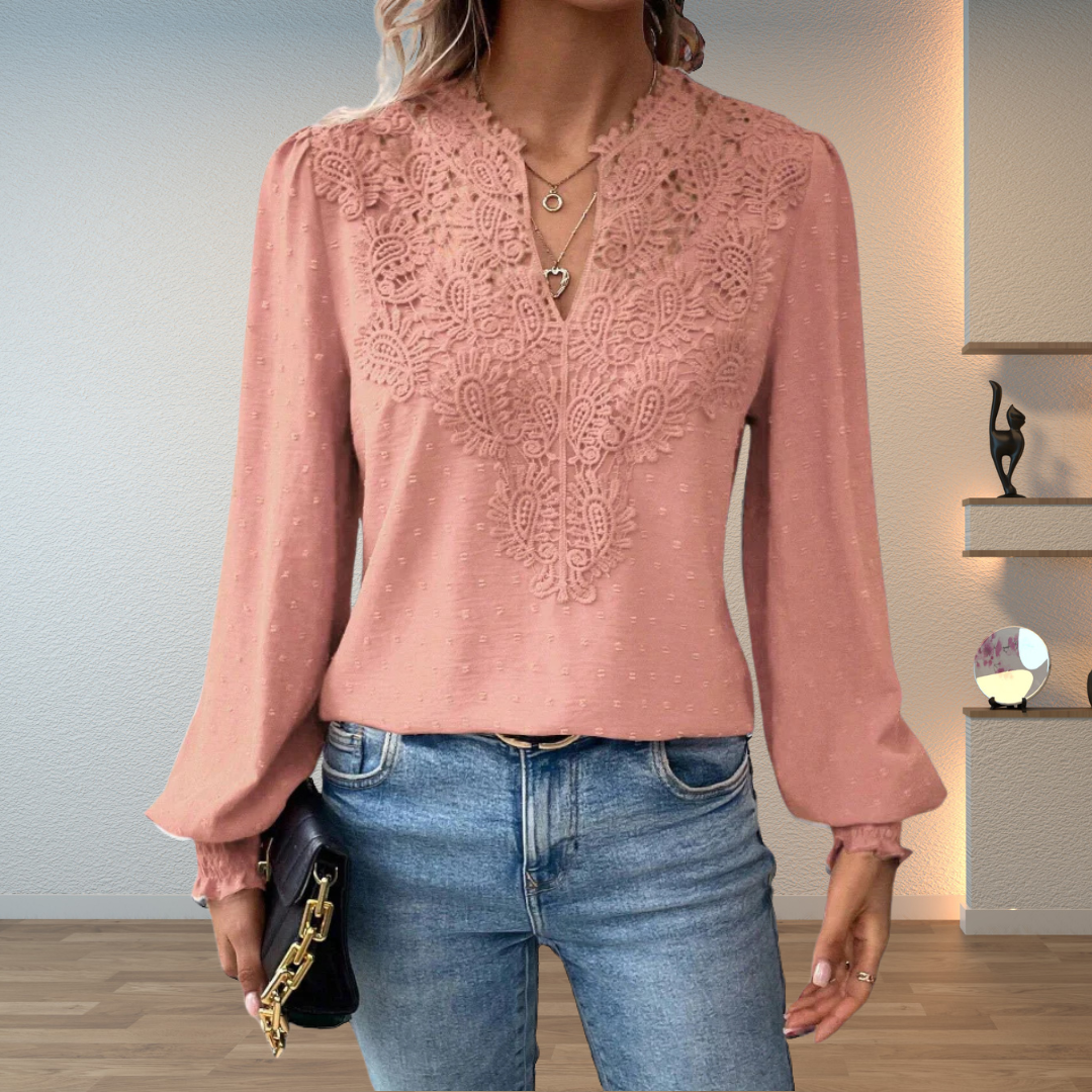 Lightweight women's embroidered V-neck top with long sleeves, ideal for spring & summer style.