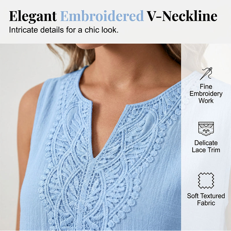 Sleeveless V-neck embroidered women's dress. Ideal relaxed fit for summer fashion & vacation wear.