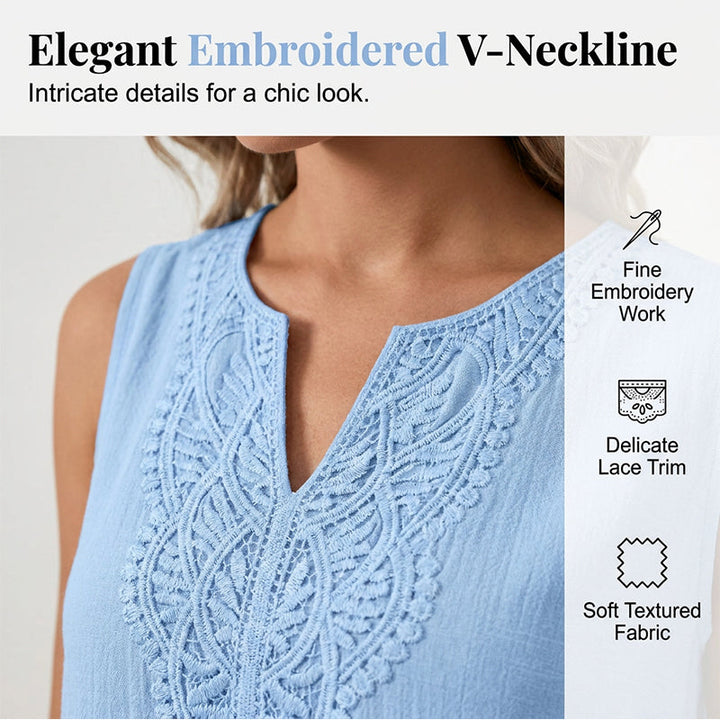 Sleeveless V-neck embroidered women's dress. Ideal relaxed fit for summer fashion & vacation wear.