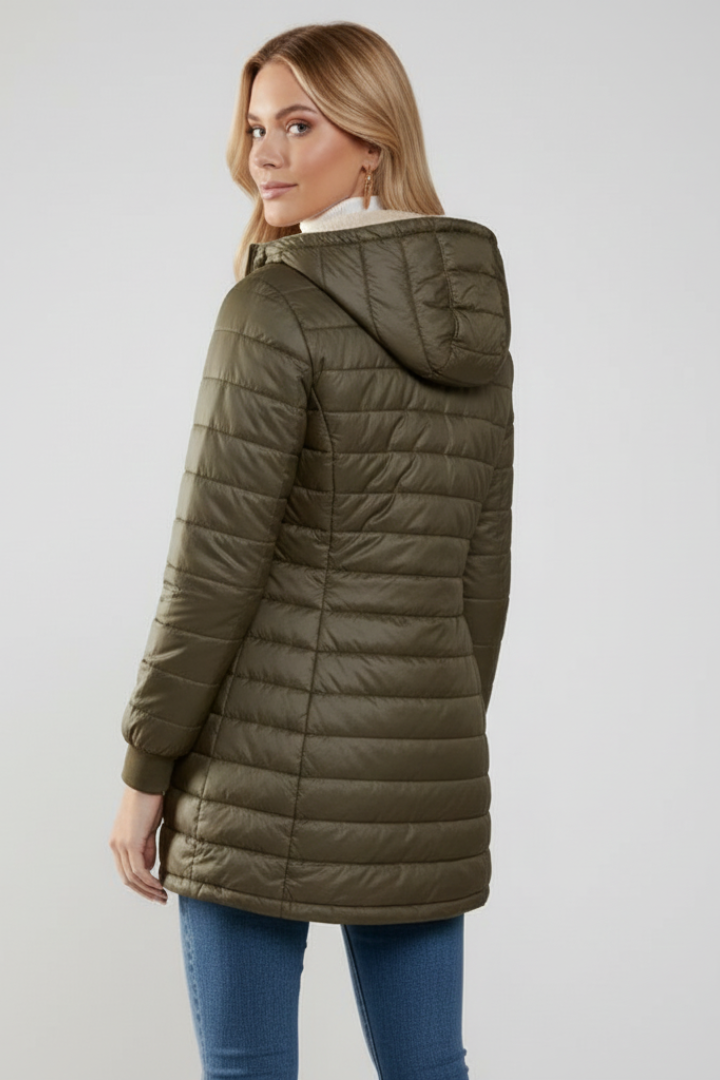 Full-length shot: Women's casual hooded zip jacket. Comfortable, stylish outerwear for everyday wear.