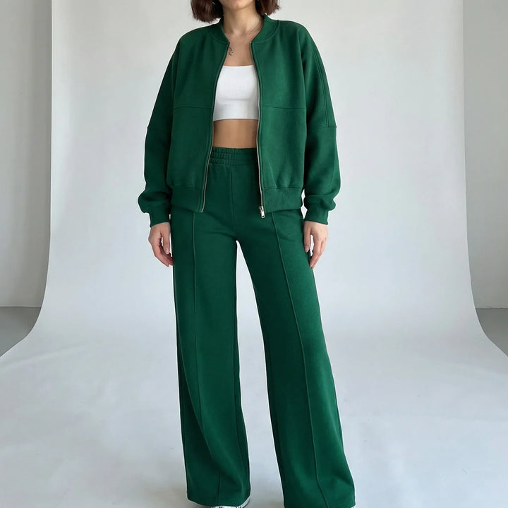 Comfortable women's regular fit straight leg pants and jacket set, perfect for loungewear or casual.