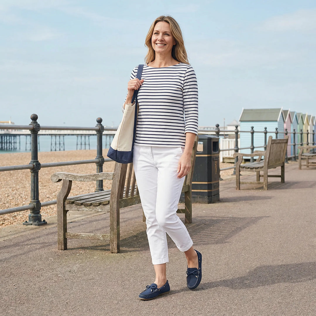Durable stitching on classic women's extra wide memory foam loafers, ideal for work.