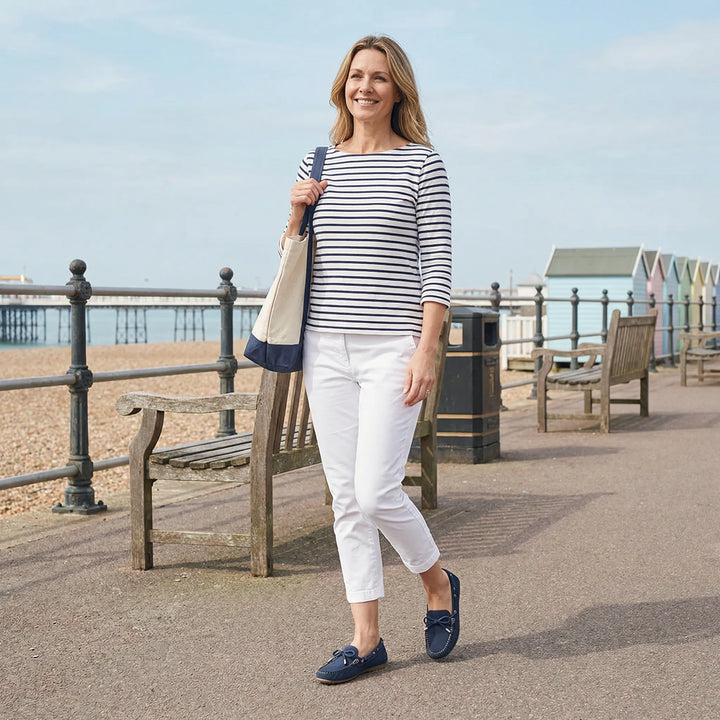 Durable stitching on classic women's extra wide memory foam loafers, ideal for work.