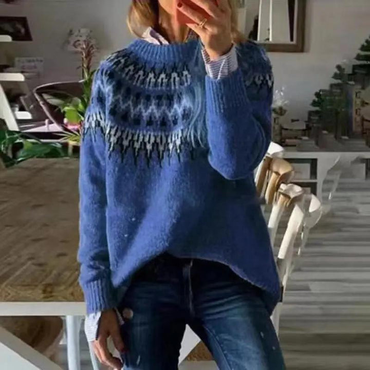 Fair Isle crewneck sweater for women, a warm knit jumper with traditional pattern, ideal for winter fashion