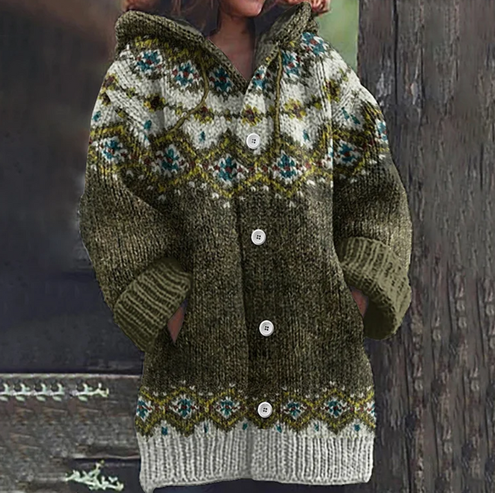 Full shot of a women's Fair Isle hooded cardigan, featuring a comfortable relaxed fit and traditional Nordic design.